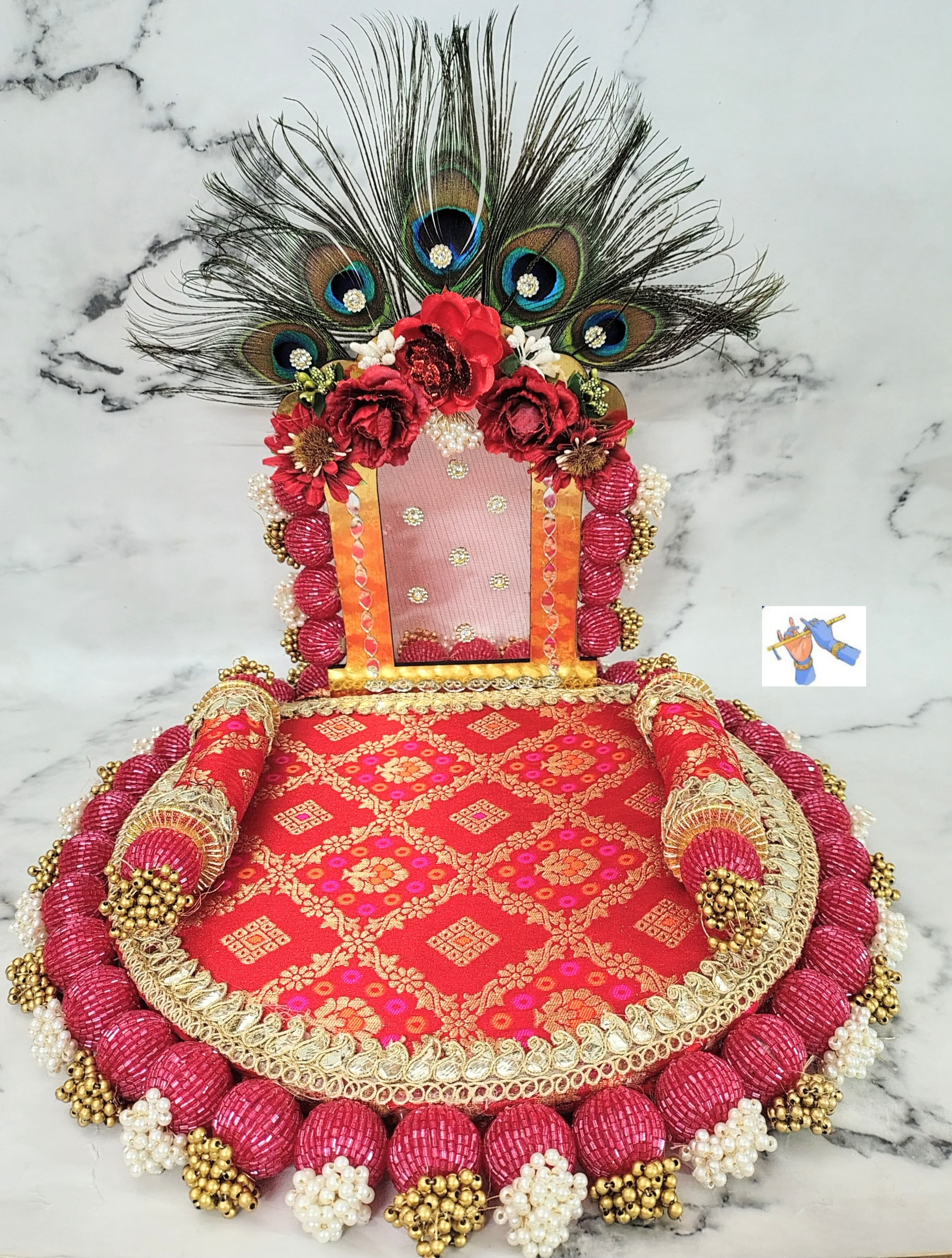 wooden Laddu gopal ji or Ganeshji Foldable singhasan for your Mandir or home Decor , red